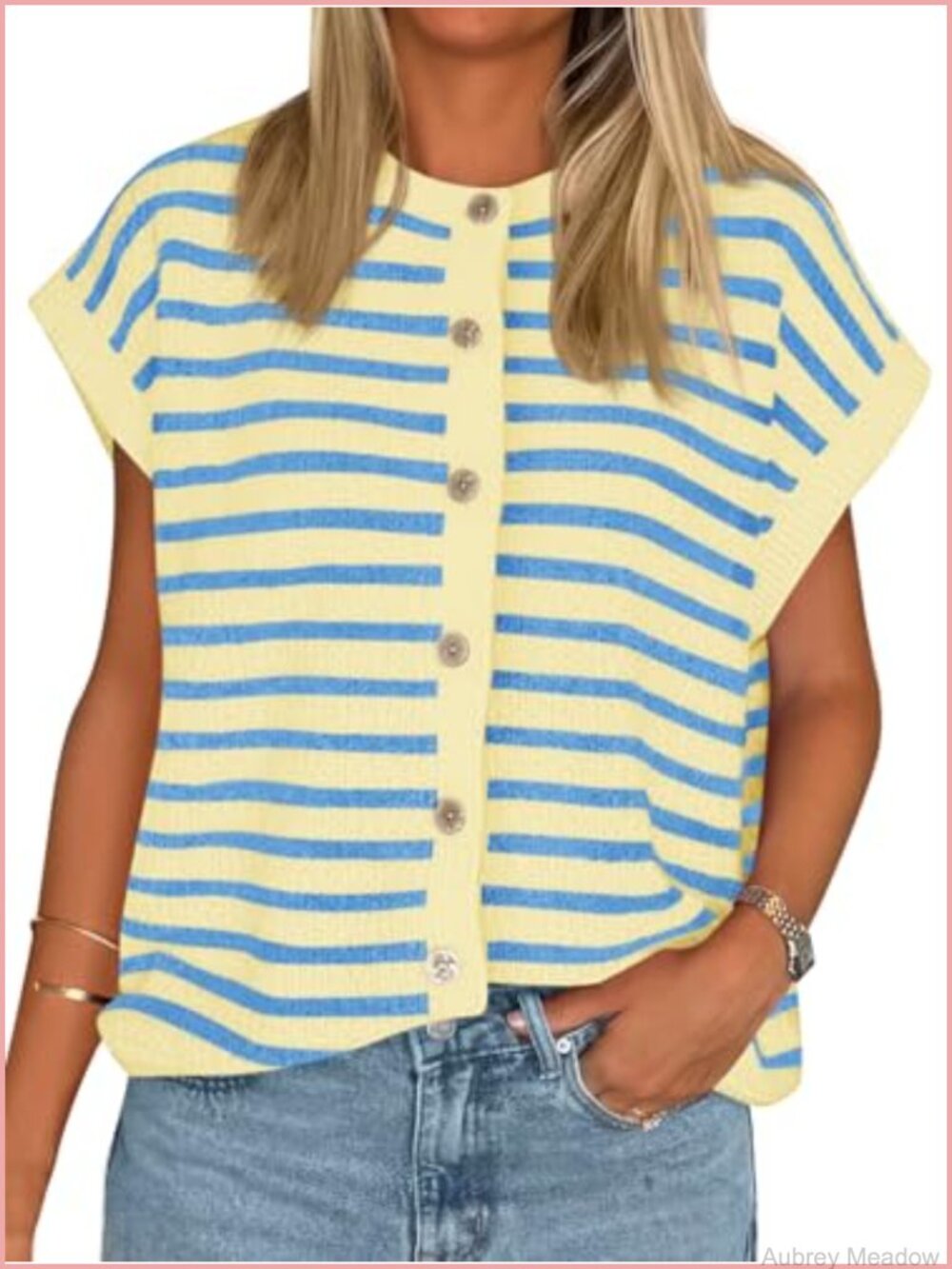 Striped Cap Sleeve Sweater Vest Cardigan Button Down Knit Top